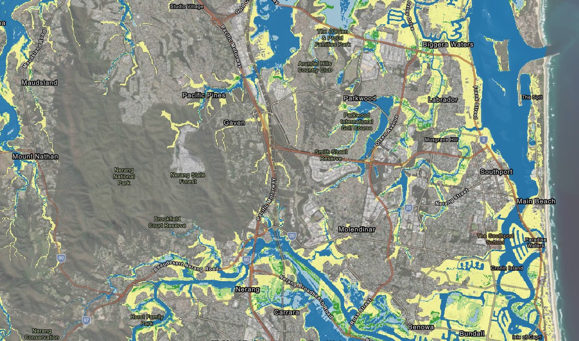 Map of flooding zones on the Gold Coast